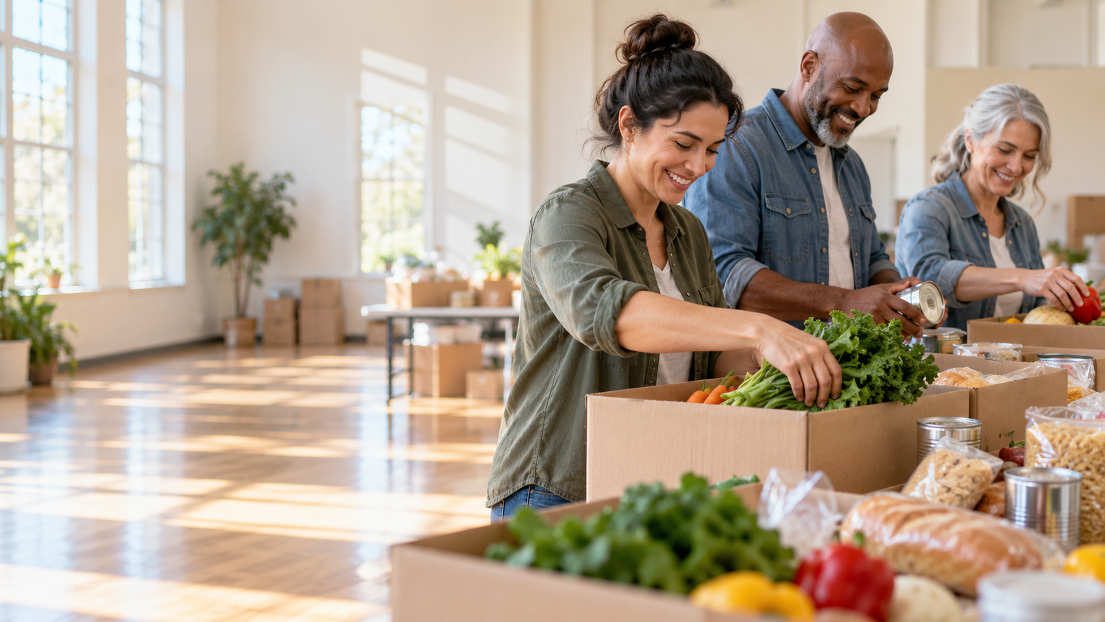Illustrative scene of volunteers packing groceries for community service