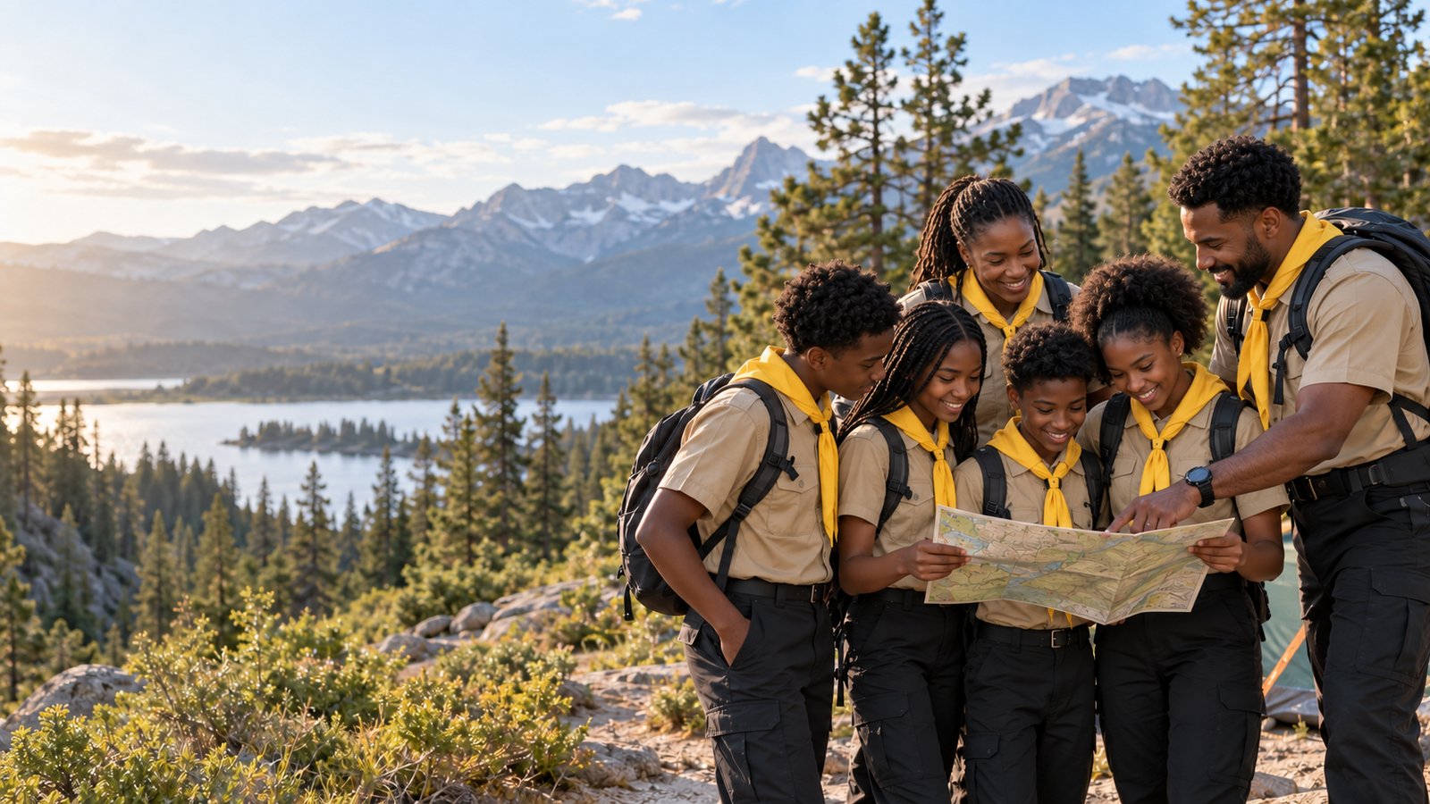 Illustrative scene of youth and mentors exploring a nature trail